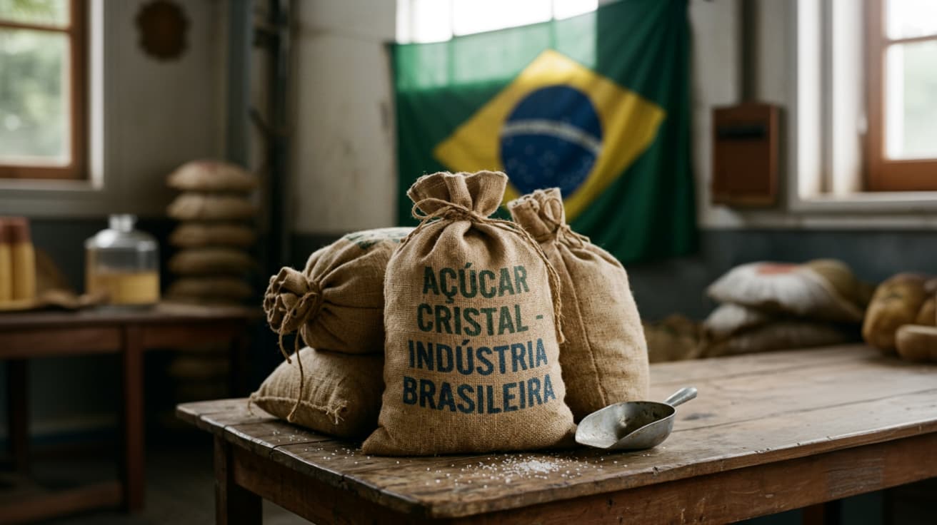 Sacos de açúcar sobre uma mesa, uma bandeira do Brasil na parede de fundo - Notícia Brutus Agro Corporate